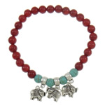 Natural Coral Bracelet with Turquoise & Zinc Alloy Elephant antique silver color plated red Length Approx 7.5 Inch Sold By Bag