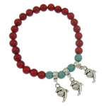 Natural Coral Bracelet, with Turquoise & Tibetan Style, Dolphin, antique silver color plated, red, 10x15x6mm, Length:Approx 7.5 Inch, 5Strands/Bag, Sold By Bag