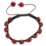 Natural Coral Woven Ball Bracelets, with Wax Cord, Flower, red, 10x5mm, Length:Approx 7.5 Inch, 10Strands/Bag, Sold By Bag