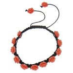 Natural Coral Woven Ball Bracelets, with Wax Cord, Flower, light red, 10x5mm, Length:Approx 7.5 Inch, 10Strands/Bag, Sold By Bag