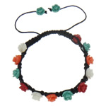 Natural Coral Woven Ball Bracelets, with Wax Cord, Flower, 8x6mm, Length:Approx 7.5 Inch, 10Strands/Bag, Sold By Bag