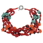 Natural Coral Bracelet, with Nylon Cord & Crystal, brass spring ring clasp, red, 8x6mm, Sold Per Approx 8 Inch Strand