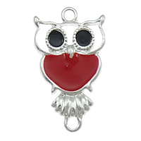 Animal Tibetan Style Connector, Owl, silver color plated, enamel & 1/1 loop, deep red, nickel, lead & cadmium free, 17x30x3mm, Hole:Approx 3mm, 200PCs/Lot, Sold By Lot