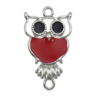 Animal Tibetan Style Connector, Owl, platinum color plated, enamel & 1/1 loop, deep red, nickel, lead & cadmium free, 17x30x3mm, Hole:Approx 3mm, 200PCs/Lot, Sold By Lot