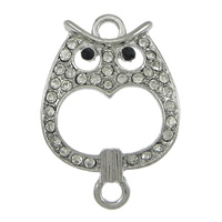 Animal Tibetan Style Connector, Owl, platinum color plated, with rhinestone & 1/1 loop, nickel, lead & cadmium free, 23x32x4mm, Hole:Approx 3mm, 100PCs/Lot, Sold By Lot