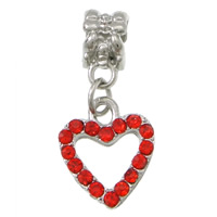 European Style Zinc Alloy Dangle Beads Heart platinum color plated without troll & with rhinestone red nickel lead & cadmium free 26mm Approx 5mm Sold By Lot