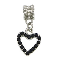 European Style Tibetan Style Dangle Beads, Heart, platinum color plated, without troll & with rhinestone, black, nickel, lead & cadmium free, 13x15x2.5mm, 26mm, Hole:Approx 5mm, 100PCs/Lot, Sold By Lot