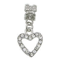European Style Tibetan Style Dangle Beads, Heart, platinum color plated, without troll & with rhinestone, nickel, lead & cadmium free, 13x15x2.5mm, 26mm, Hole:Approx 5mm, 100PCs/Lot, Sold By Lot