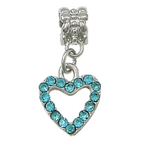 European Style Zinc Alloy Dangle Beads Heart platinum color plated without troll & with rhinestone skyblue nickel lead & cadmium free 26mm Approx 5mm Sold By Lot