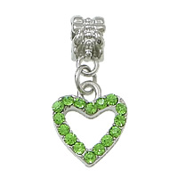European Style Tibetan Style Dangle Beads, Heart, platinum color plated, without troll & with rhinestone, green, nickel, lead & cadmium free, 13x15x2.5mm, 26mm, Hole:Approx 5mm, 100PCs/Lot, Sold By Lot