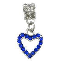 European Style Tibetan Style Dangle Beads, Heart, platinum color plated, without troll & with rhinestone, blue, nickel, lead & cadmium free, 13x15x2.5mm, 26mm, Hole:Approx 5mm, 100PCs/Lot, Sold By Lot