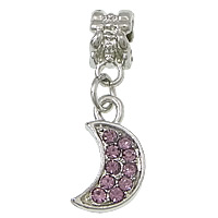 European Style Tibetan Style Dangle Beads, Moon, platinum color plated, without troll & with rhinestone, purple, nickel, lead & cadmium free, 8x16x2.5mm, 27mm, Hole:Approx 5mm, 100PCs/Lot, Sold By Lot