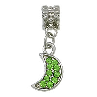 European Style Tibetan Style Dangle Beads, Moon, platinum color plated, without troll & with rhinestone, green, nickel, lead & cadmium free, 8x16x2.5mm, 27mm, Hole:Approx 5mm, 100PCs/Lot, Sold By Lot