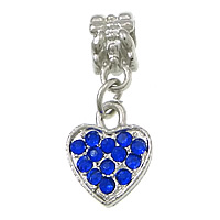 European Style Tibetan Style Dangle Beads, Heart, platinum color plated, without troll & with rhinestone, blue, nickel, lead & cadmium free, 11x14x2.5mm, 25mm, Hole:Approx 5mm, 100PCs/Lot, Sold By Lot