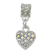 European Style Zinc Alloy Dangle Beads Heart platinum color plated without troll & with rhinestone nickel lead & cadmium free 25mm Approx 5mm Sold By Lot