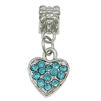 European Style Zinc Alloy Dangle Beads Heart platinum color plated without troll & with rhinestone blue nickel lead & cadmium free 25mm Approx 5mm Sold By Lot