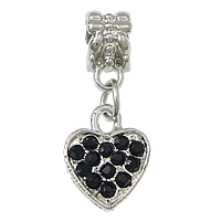 European Style Tibetan Style Dangle Beads, Heart, platinum color plated, without troll & with rhinestone, black, nickel, lead & cadmium free, 11x14x2.5mm, 25mm, Hole:Approx 5mm, 100PCs/Lot, Sold By Lot