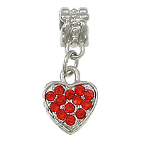 European Style Zinc Alloy Dangle Beads Heart platinum color plated without troll & with rhinestone red nickel lead & cadmium free 25mm Approx 5mm Sold By Lot
