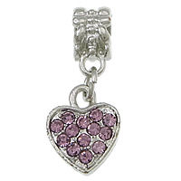 European Style Tibetan Style Dangle Beads, Heart, platinum color plated, without troll & with rhinestone, purple, nickel, lead & cadmium free, 11x14x2.5mm, 25mm, Hole:Approx 5mm, 100PCs/Lot, Sold By Lot