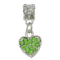 European Style Tibetan Style Dangle Beads, Heart, platinum color plated, without troll & with rhinestone, green, nickel, lead & cadmium free, 11x14x2.5mm, 25mm, Hole:Approx 5mm, 100PCs/Lot, Sold By Lot