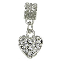 European Style Tibetan Style Dangle Beads, Heart, platinum color plated, without troll & with rhinestone, nickel, lead & cadmium free, 11x14x2.5mm, 25mm, Hole:Approx 5mm, 100PCs/Lot, Sold By Lot