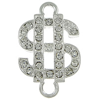 Tibetan Style Connector, Currency Mark, silver color plated, with rhinestone & 1/1 loop, nickel, lead & cadmium free, 18x28x3mm, Hole:Approx 2mm, 100PCs/Lot, Sold By Lot