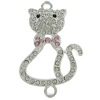 Animal Tibetan Style Connector, Cat, silver color plated, with rhinestone & 1/1 loop, nickel, lead & cadmium free, 28x43x6mm, Hole:Approx 2mm, 50PCs/Lot, Sold By Lot