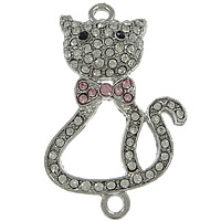 Animal Tibetan Style Connector, Cat, platinum color plated, with rhinestone & 1/1 loop, nickel, lead & cadmium free, 28x43x6mm, Hole:Approx 2mm, 50PCs/Lot, Sold By Lot