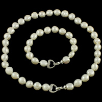 Freshwater Pearl Jewelry Set, bracelet & necklace, brass foldover clasp, natural, white, 11-12mm, Length:Approx 7 Inch, Approx 18.5 Inch, Sold By Set