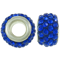 Rhinestone European Beads, Rhinestone Clay Pave, Drum, platinum color plated, brass double core without troll & with rhinestone, blue, 8x12mm, Hole:Approx 4.5mm, 30PCs/Bag, Sold By Bag