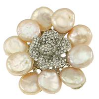 Freshwater Pearl Brooch, with Brass, Flower, natural, with rhinestone, pink, 48x12mm, Sold By PC