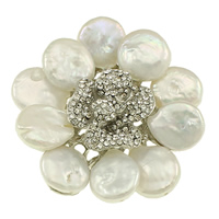 Freshwater Pearl Brooch with Brass Flower natural with rhinestone white Sold By PC