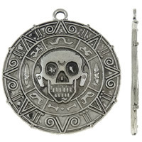 Tibetan Style Flat Round Pendants, antique silver color plated, with skull pattern, nickel, lead & cadmium free, 38.50x43x3mm, Hole:Approx 2.5mm, Approx 90PCs/KG, Sold By KG