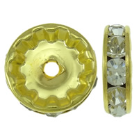 Separadores de Metal, Toroidal, chapado en color dorado, con diamantes de imitación, 12x3.5mm, agujero:aproximado 2.5mm, 100PCs/Bolsa, Vendido por Bolsa