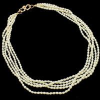 Freshwater Pearl Necklace, brass clasp, Rice, rose gold color plated, 5-strand & with rhinestone, white, 3-3.5mm, Sold Per Approx 16.5 Inch Strand