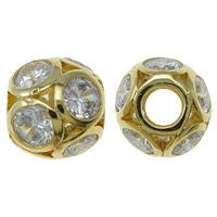 Cubic Zirconia Micro Pave Brass Beads, Drum, gold color plated, micro pave cubic zirconia & hollow, nickel, lead & cadmium free, 12mm, Hole:Approx 5mm, Sold By PC