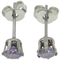 Stainless Steel Stud Earrings 316L Stainless Steel with cubic zirconia purple 4mm Sold By Lot