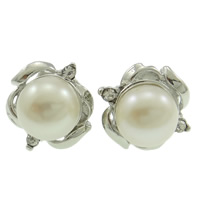 Freshwater Pearl Earrings, with Rhinestone, brass post pin, Flower, white, 12x12x18mm, Sold By Pair