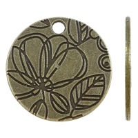 Alliage de zinc plate ronde pendentifs, pièce de monnaie, Plaqué de couleur de bronze antique, avec le motif de fleurs, protéger l'environnement, sans nickel, plomb et cadmium, 24x1mm, Trou:Environ 2.5mm, Environ 300PC/kg, Vendu par kg