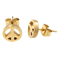 Stainless Steel Stud Earring, Peace Logo, gold color plated, 8x8mm, 30Pairs/Lot, Sold By Lot