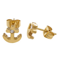 Stainless Steel Stud Earring, Anchor, gold color plated, nautical pattern & with rhinestone, 8x8mm, 30Pairs/Lot, Sold By Lot