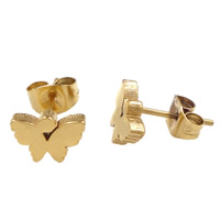 Stainless Steel Stud Earring, Butterfly, guldfarve belagt, 8x6mm, 30par/Lot, Solgt af Lot