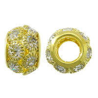 Messing Großes Loch Perlen, Trommel, goldfarben plattiert, mit Strass, frei von Nickel, Blei & Kadmium, 10x15mm, Bohrung:ca. 7mm, 50PCs/Menge, verkauft von Menge