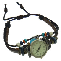 Women Watch Bracelet, Tibetan Style, with Wax Cord & Leather & Wood, antique bronze color plated, nickel, lead & cadmium free, 33x29x10mm, Length:Approx 7.5 Inch, 12Strands/Bag, Sold By Bag