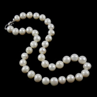 Natural Freshwater Pearl Necklace, brass foldover clasp, Round, white, 11-12mm, Sold Per 16.5 Inch Strand