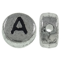Alphabet Akril gyöngyök, Lapos kerek, antik ezüst színű bevonattal, A levél minta, 7x3.5mm, Lyuk:Kb 1mm, Kb 3600PC-k/Bag, Által értékesített Bag