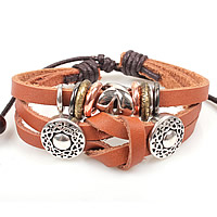 Cowhide Bracelet, Tibetan Style, with Wax Cord & Cowhide, handmade, adjustable & 2-strand, nickel, lead & cadmium free, 60mm, Length:Approx 7.5 Inch, 24Strands/Lot, Sold By Lot