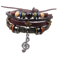 Cowhide Bracelet, Tibetan Style, with PU Leather Cord & Wax Cord & Cowhide & Wood, Music Note, woven, adjustable & 4-strand, nickel, lead & cadmium free, 65mm, Length:Approx 7 Inch, 24Strands/Lot, Sold By Lot