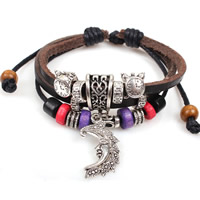 Cowhide Bracelet, Tibetan Style, with Wax Cord & Cowhide & Wood, Moon, woven, adjustable & 3-strand, nickel, lead & cadmium free, 60mm, Sold Per Approx 7.5 Inch Strand