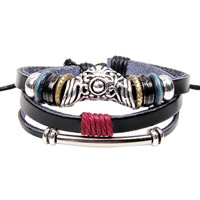 Men Bracelet, Tibetan Style, with Wax Cord & Cowhide & Wood, woven, adjustable & 3-strand, nickel, lead & cadmium free, 60mm, Sold Per Approx 7.5 Inch Strand
